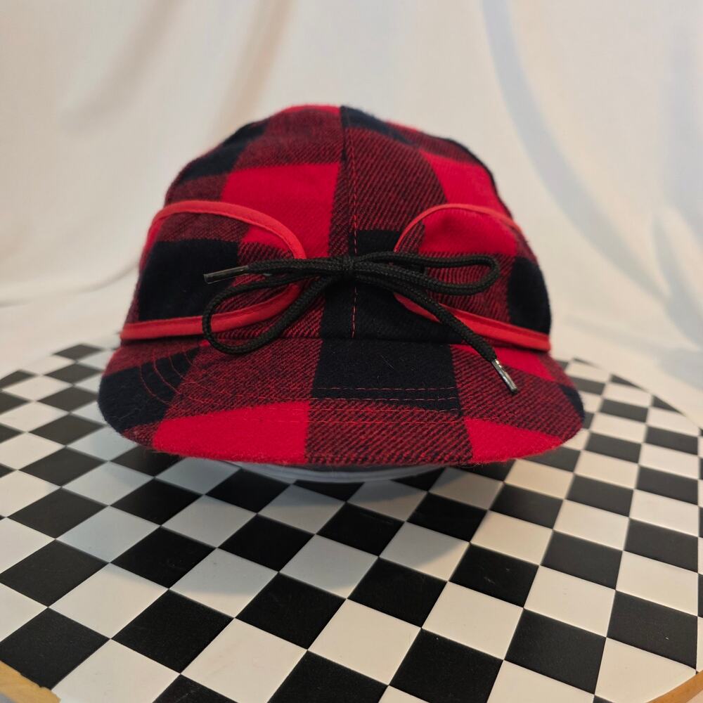 Vintage 90s CPI Buffalo Plaid Trooper Style Flat Hat Large Red Black Cap